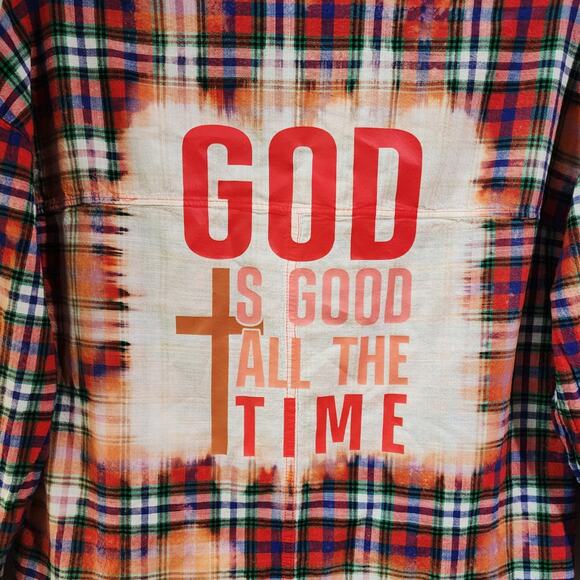 God Is Good All The Time Custom Christian Upcycled Plaid Shirt, Women's S - Picture 2 of 5